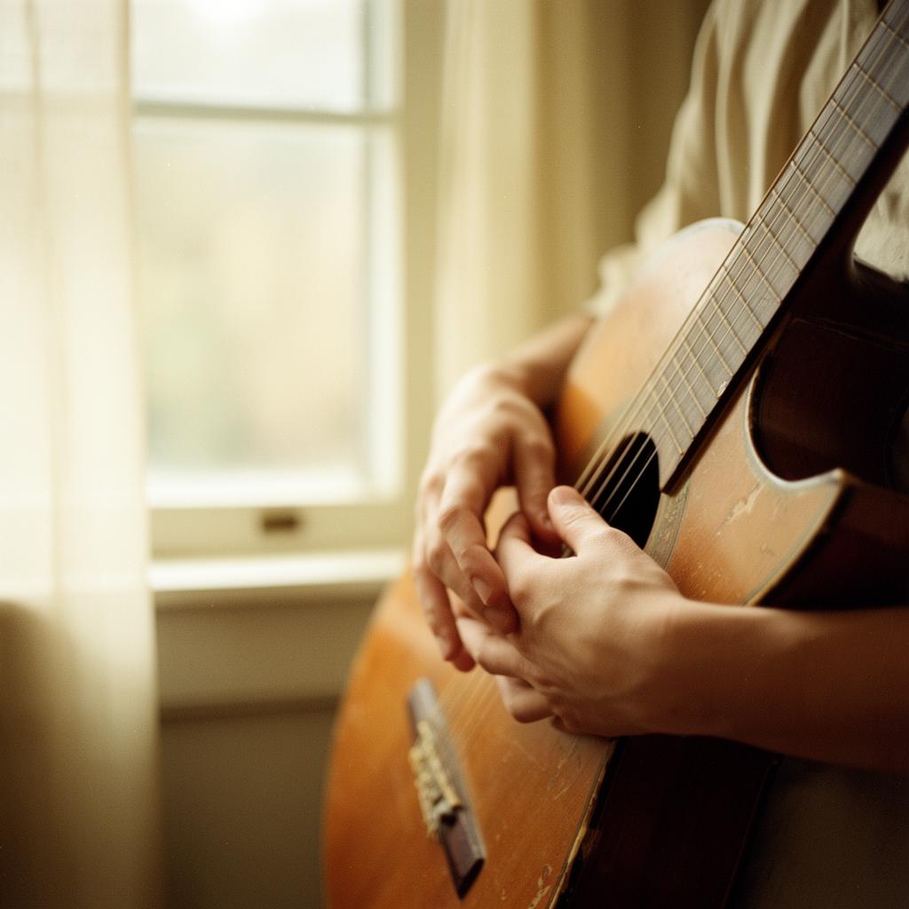 Hands holding an acoustic guitar in soft window light