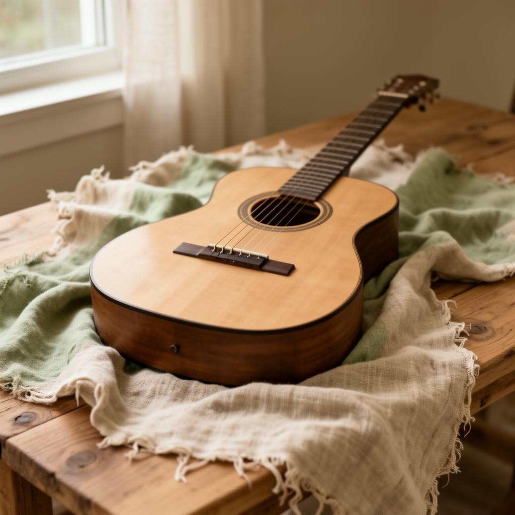 Acoustic guitar resting in soft natural light